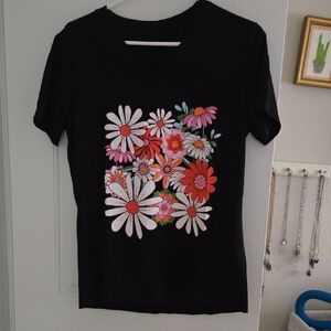 Floral Black V-Neck Short Sleeve Tee